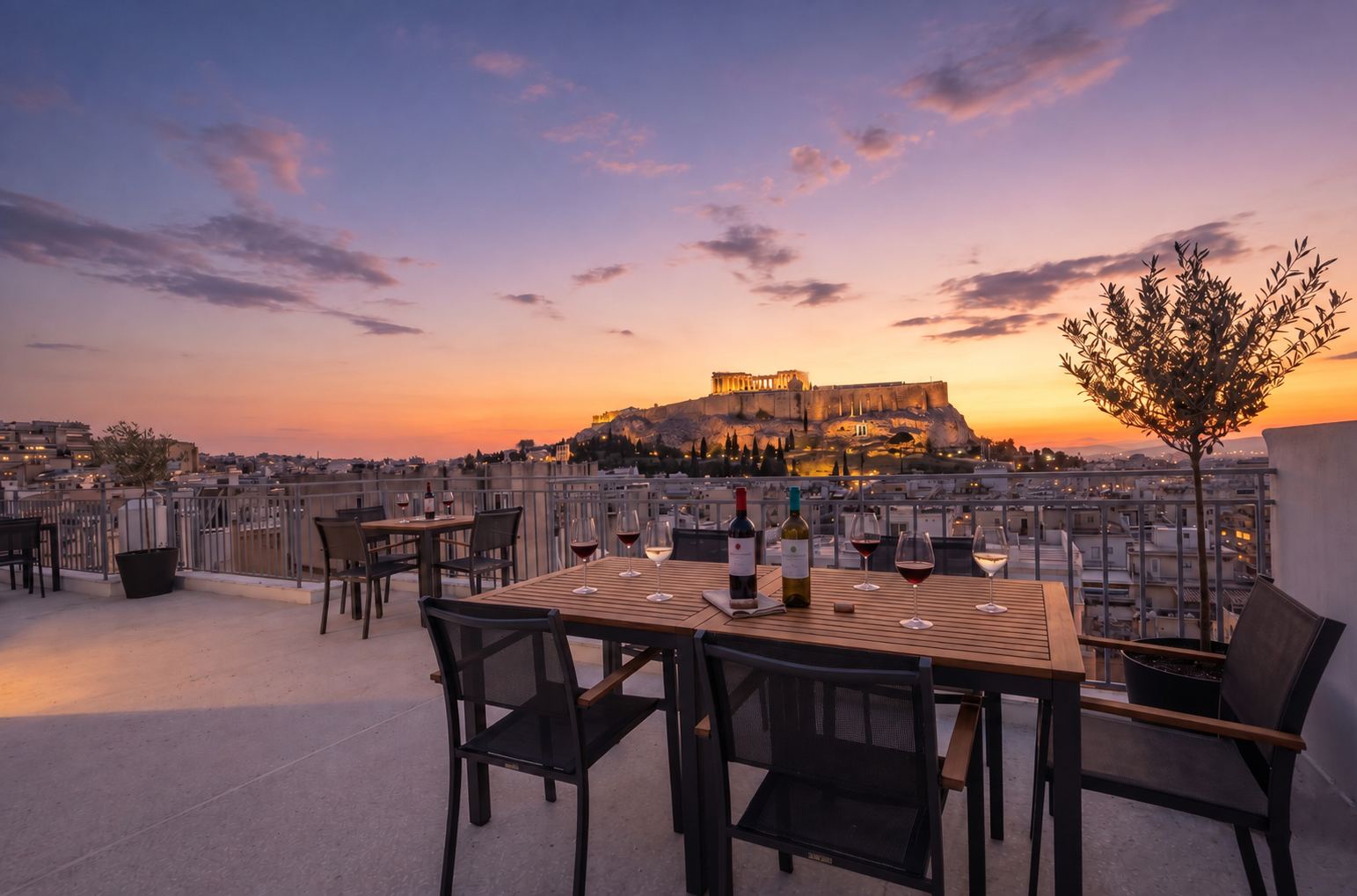 A table set on the shared rooftop at sunset